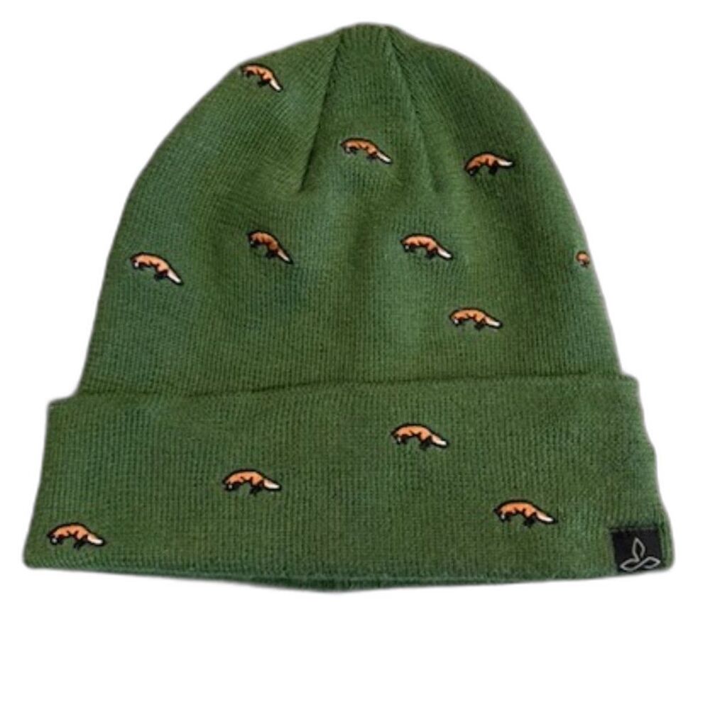 prAna Green Beanie Hat Embroidered Fox All Over Print Cuffed Outdoor Unisex
